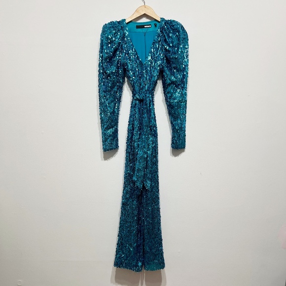 Rotate Birger Christensen Puff-Sleeve Sequined Wrap Midi Dress Barrier Reef Blue - Picture 1 of 4